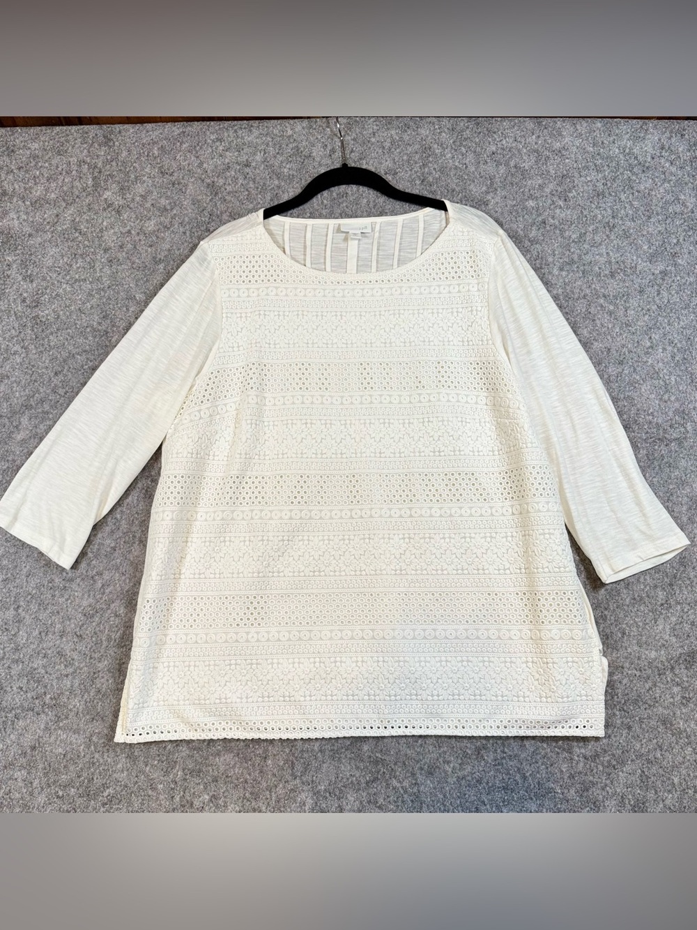 J.Jill Large Petite Ivory Embroidered Eyelet 3/4 Sleeve Cotton Blend Top, Large